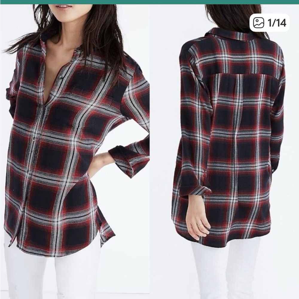 Madewell Classic Ex-Boyfriend Button Front Shirt in Rollins Plaid XS Black Red